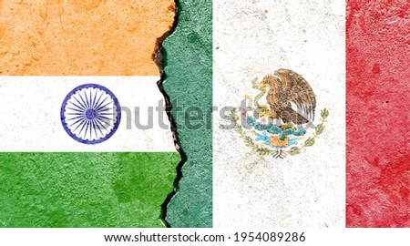 Grunge India VS Mexico national flags icon pattern isolated on broken cracked wall background, abstract international political relationship friendship divided conflicts concept texture wallpaper