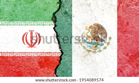 Grunge Iran VS Mexico national flags icon pattern isolated on broken cracked wall background, abstract international political relationship friendship divided conflicts concept texture wallpaper