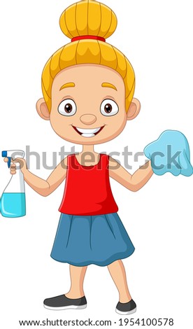Cartoon little girl with sprayer bottle and rag