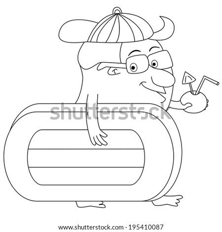 Black and White Outline Man heading for beach with airbed and drink