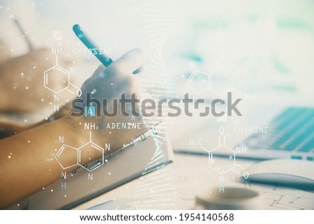 Double exposure of DNA theme drawing over people taking notes background. Concept of medical education