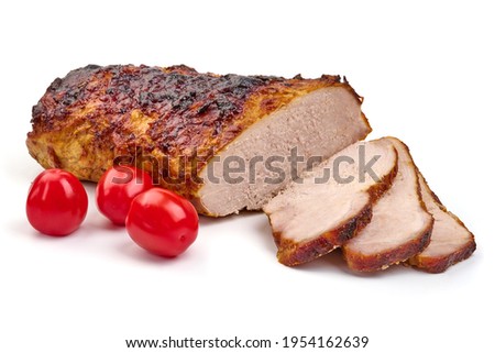 Baked pork roast, spicy glazed meat, isolated on white background. High resolution image.