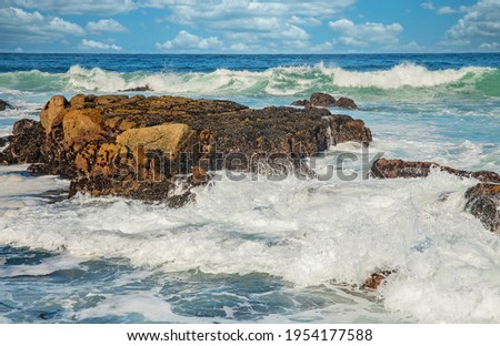 Beautiful seascape of the Pacific coast, in California, waves, rocks, sky, sun. Concept, perfect postcard and guide.