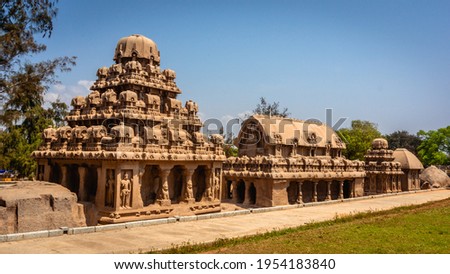 Exclusive Monolithic - Five Rathas are UNESCOs World Heritage Site located at Great South Indian architecture, Tamil Nadu, Mamallapuram or Mahabalipuram Royalty-Free Stock Photo #1954183840