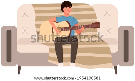 Male character learning to play guitar. Young boy guitarist creates music sitting on couch