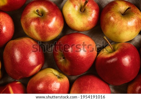 Sweet fresh ripe red apple harvest background.