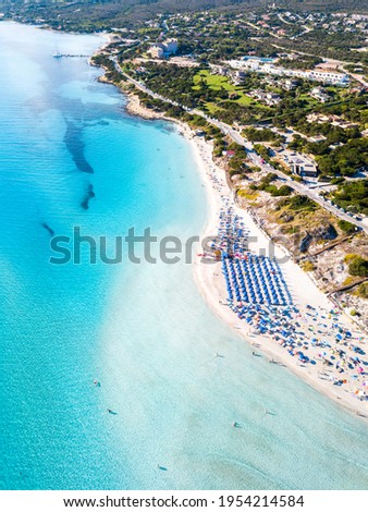 Mediterranean beach La Pelosa, Stintino, Sardinia island, Italy.Aerial view Royalty-Free Stock Photo #1954214584
