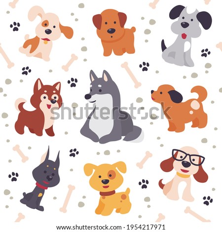 Seamless pattern design with cute little dog characters, paw trace and bones isolated on white background. Vector flat illustration. For kids gifts packaging, wrapping paper etc.