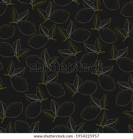 Vector illustration of a geometric seamless pattern, hand-drawn golden lemons with leaves on a dark background. Design for textiles, fabrics, wallpapers, interior items, templates, layouts, postcards