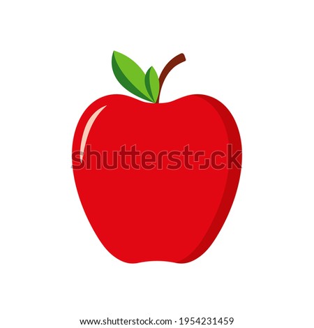 Red apple with green leaf. Icon of fruit apple. Cartoon logo isolated on white background. Symbol of healthy nutrition. Icon for teacher, school, education. Stylized silhouette for food, juice. Vector