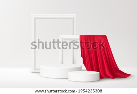 Realistic white Product podium with white picture frames and red silk drapery over white background. Blank background for product advertising. Vector illustration EPS10 Royalty-Free Stock Photo #1954235308