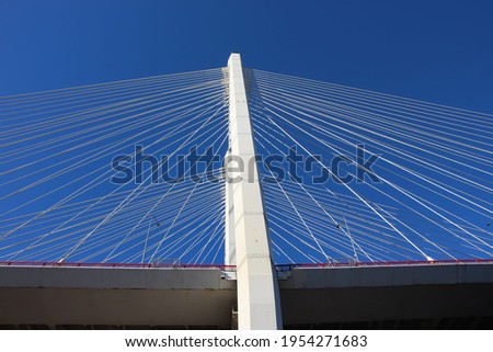 Cable-stayed bridge pylon and cables against the sky, side view
