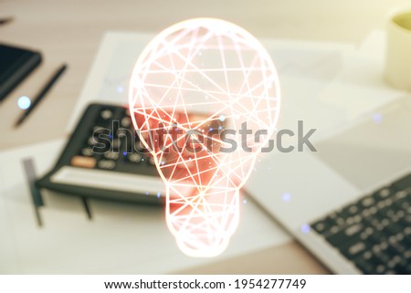Virtual Idea concept with light bulb illustration on calculator and laptop background. Multiexposure