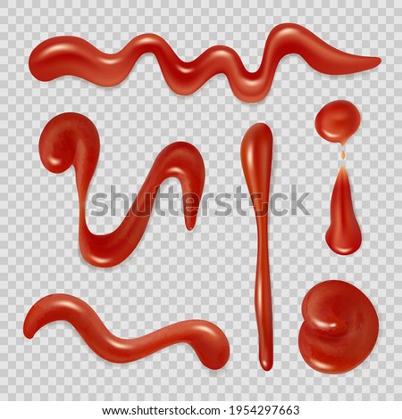Tomato sauce. Red ketchup pasta splashes flow spread liquid sauce 3d realistic decent vector illustrations isolated Royalty-Free Stock Photo #1954297663