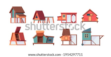 Chicken coop. Hen comfortable house in village broiler farms poultry garish vector flat wooden constructions set isolated Royalty-Free Stock Photo #1954297711