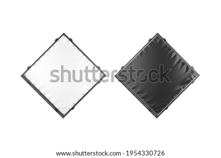 Blank black and white rhombus stretching banner mockup set, isolated, 3 rendering. Empty outdoor commercial screen for ad mock up, front view. Clear fabric sign for affiche template.