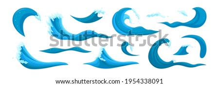 Tsunami waves and tides elements. Big wave surfing set. Cartoon vector illustration isolated in white background 