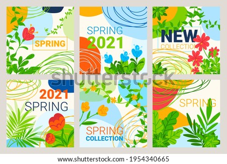 Spring sale collection, floral season banner, green flower, plant new blossom, design, in cartoon style vector illustration.