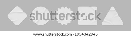 White stickers mockup. Blank labels of different shapes, circle wrinkled paper emblems. Copy space. Stickers or patches for preview tags, labels. Vector illustration Royalty-Free Stock Photo #1954342945