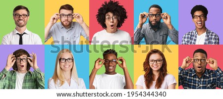 People, Emotions, Reaction Concept. Mosaic set of diverse people expressing different emotions, staring at camera with surprised or happy facial expressions and reactions, wearing spectacles Royalty-Free Stock Photo #1954344340