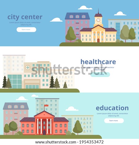 Urban landscape banners. City infrastructure big and small towns municipal buildings architectural objects government supermarkets hospital offices nowaday vector colored template Royalty-Free Stock Photo #1954353472