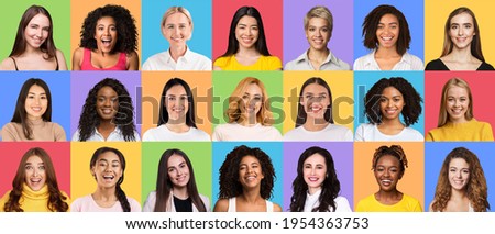 Diversity And Variety Concept. Creative composite collage series of optimistic multicultural women smiling on colorful studio backgrounds. Headshot portraits of multiracial ladies, female photoshoot Royalty-Free Stock Photo #1954363753
