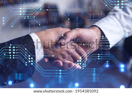 Handshake of two businesspeople as agreement concept to develop a new software to improve service at a company. Technological icons. Woman in business.