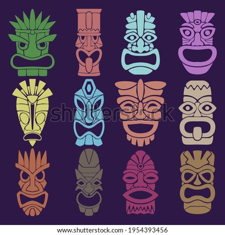 Wallpaper from a set of twelve pagan masks. The faces of various gods, spirits, and other mystical beings. Vector illustration.