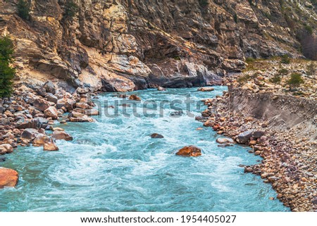 Sutlej River enroute to Reckong Peo in the Kinnaur district of Himachal Pradesh, India. Royalty-Free Stock Photo #1954405027