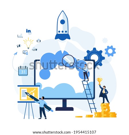 Starting a new business in a young creative company, people, businessmen. Launch of a rocket into space from the site of a computer monitor. Vector business illustration in flat colorful cartoon style