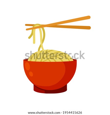 Chinese noodles in clay bowl. Oriental cuisine. Japanese Street fast food wok pasta. Chopsticks. Flat cartoon illustration isolated on white