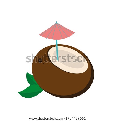 Coconut with straw and umbrella, summer drink. An element of summer design. An isolated object. Vector illustration. Eps 10.