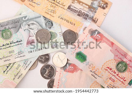 UAE Money with coins ,female hands holding Uae money .