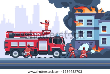 Fire building. Firemen extinguish burning house. Emergency workers put out flame. Firefighters wearing professional uniform. Vehicle with stair and hose for water. Vector rescue service