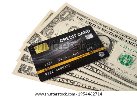 Credit card on US dollar banknote, Financial development, Accounting, Statistics, Investment Analytic research data economy office Business company banking concept.