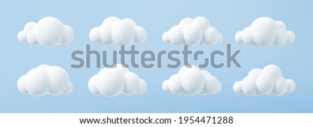 White 3d clouds set isolated on a blue background. Render soft round cartoon fluffy clouds icon in the blue sky. 3d geometric shapes vector illustration Royalty-Free Stock Photo #1954471288