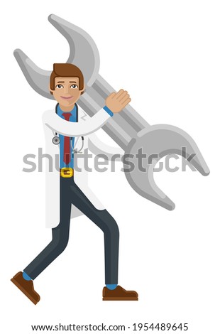 A doctor cartoon character mascot man holding a big hammer spanner wrench concept
