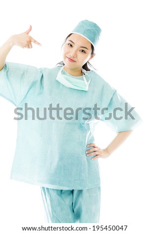 Asian female surgeon pointing at herself isolated over white background