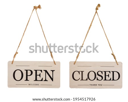 Wooden Open or Closed Shop Door Hanging Sign for Cafe Restaurant - Opening Time isolated on white background