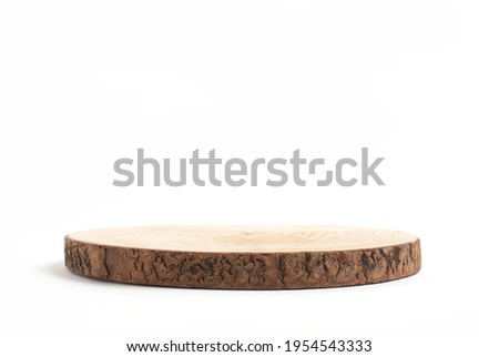 Round wooden saw cut cylinder shape for product presentation on a white background. eco style and minimalism. Wooden slice Royalty-Free Stock Photo #1954543333