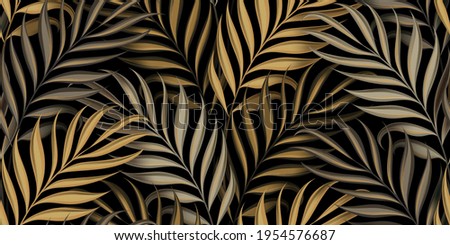 Tropical exotic seamless pattern with bright shiny golden palm leaves on dark black background. Hand-drawn premium textured vintage 3d vector illustration. Good for luxury wallpapers, fabric printing
