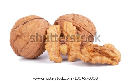 wallnut and a cracked walnut isolated on the white background. Royalty-Free Stock Photo #1954578958