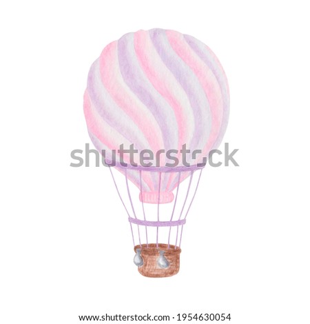 Watercolor hand drawn air balloon with brown basket and bags with sand in pink and purple colors isolated on white perfect for fabric textile print poster design wrapping paper and postcards