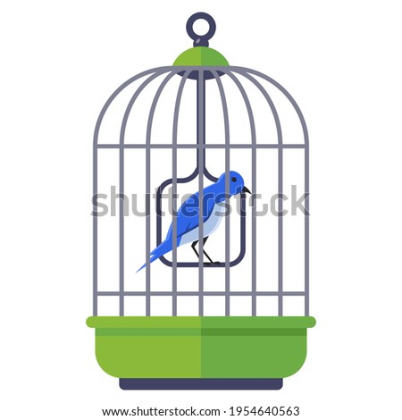 blue bird in an iron cage. home feathered pet. flat vector illustration. Royalty-Free Stock Photo #1954640563