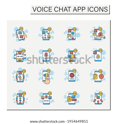Drop in audio app color icons set. Communication application with friends. Application rules, raped popularity. Voice communication concept. Isolated vector illustration
