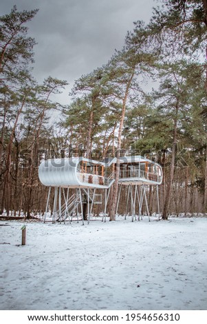 a big treehouse in a pine tree forest during snowfall
