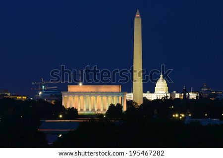 Washington DC skyline at night including Lincoln Memorial, Washington Monument and United States Capitol building 