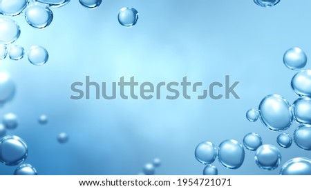 Abstract blue fresh hygiene template. Luxury cosmetics body care and clean energy. Concept shot of transparent elegant vitality serum air bubbles under water in macro close up with selective focus. Royalty-Free Stock Photo #1954721071