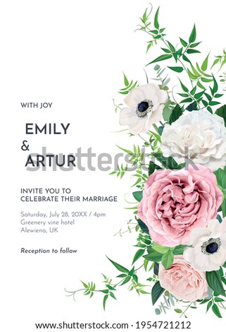 Elegant editable vector floral watercolor wedding invite, greeting card, save the date. Dusty pink mauve, ivory roses, white anemone flowers, eucalyptus blue-green leaves, greenery jasmine vine border Royalty-Free Stock Photo #1954721212