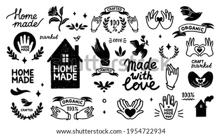 Homemade vector icons set - vintage elements in stamp style and home made lettering with cute house silhouette. Vintage vector illustration for banner and label design. Royalty-Free Stock Photo #1954722934